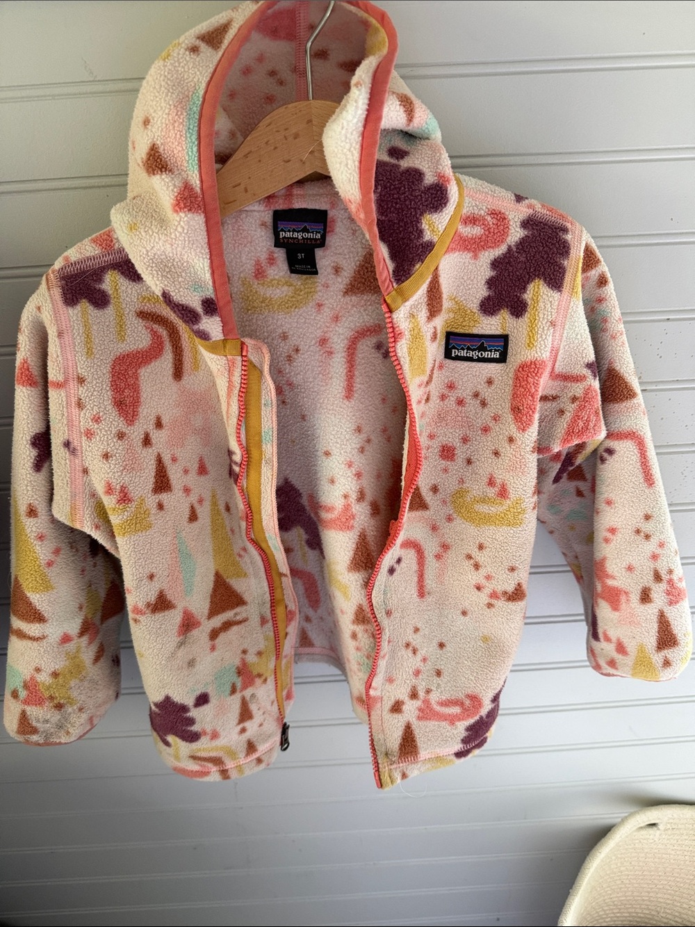 Patagonia Kids Cream Fleece Hoodie with Multicolor Print